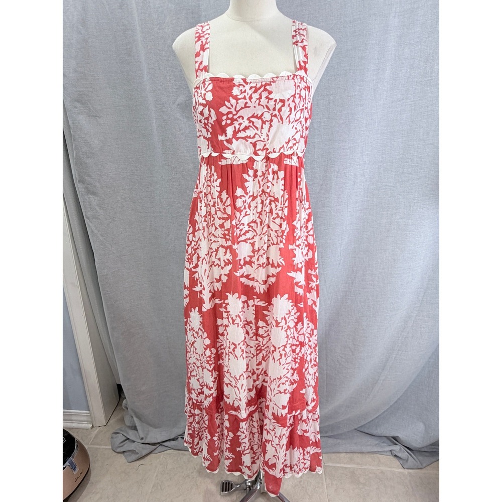 Juliet Dunn London Red White Coral Print Scallop Trim Maxi Dress Size 3